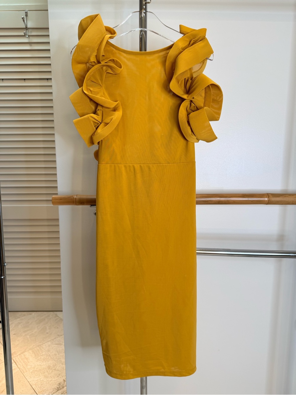 AKIRA Mustard Yellow Dramatic Ruffle Midi Bodycon Dress Size S NWT